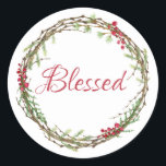 Adesivo Redondo Winter Greenery Berries Wreath Christmas abençoado<br><div class="desc">Vedante de envelope festivo elegante e moderno ou adesivo de presente para o Natal com o texto "Abençoado" na caligrafia vermelha e um verde-inverno na moda e uma coroa de frutas. Desenvolvido exclusivamente para você pelo Happy Dolphin Studio. Se precisar de ajuda ou produtos correspondentes, entre em contato conosco em...</div>