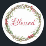Adesivo Redondo Winter Greenery Berries Wreath Christmas abençoado<br><div class="desc">Vedante de envelope festivo elegante e moderno ou adesivo de presente para o Natal com o texto "Abençoado" na caligrafia vermelha e um verde-inverno na moda e uma coroa de frutas. Desenvolvido exclusivamente para você pelo Happy Dolphin Studio. Se precisar de ajuda ou produtos correspondentes, entre em contato conosco em...</div>