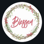Adesivo Redondo Winter Greenery Berries Wreath Christmas abençoado<br><div class="desc">Vedante de envelope festivo elegante e moderno ou adesivo de presente para o Natal com o texto "Abençoado" na caligrafia vermelha e um verde-inverno na moda e uma coroa de frutas. Desenvolvido exclusivamente para você pelo Happy Dolphin Studio. Se precisar de ajuda ou produtos correspondentes, entre em contato conosco em...</div>