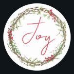 Adesivo Redondo Winter Greenery Berries Wreath Christmas Joy<br><div class="desc">Vedante de envelope festivo elegante e moderno ou adesivo de presente para o Natal com o texto "Joy" na caligrafia vermelha e um verde-inverno na moda e uma coroa de frutas. Desenvolvido exclusivamente para você pelo Happy Dolphin Studio. Se precisar de ajuda ou produtos correspondentes, entre em contato conosco em...</div>