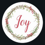 Adesivo Redondo Winter Greenery Berries Wreath Christmas Joy<br><div class="desc">Vedante de envelope festivo elegante e moderno ou adesivo de presente para o Natal com o texto "Joy" na caligrafia vermelha e um toque de na moda do verde de inverno e da coroa de frutas. Desenvolvido exclusivamente para você pelo Happy Dolphin Studio. Se precisar de ajuda ou produtos correspondentes,...</div>