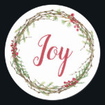Adesivo Redondo Winter Greenery Berries Wreath Christmas Joy<br><div class="desc">Vedante de envelope festivo elegante e moderno ou adesivo de presente para o Natal com o texto "Joy" na caligrafia vermelha e um toque de na moda do verde de inverno e da coroa de frutas. Desenvolvido exclusivamente para você pelo Happy Dolphin Studio. Se precisar de ajuda ou produtos correspondentes,...</div>