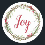 Adesivo Redondo Winter Greenery Berries Wreath Christmas Joy<br><div class="desc">Vedante de envelope festivo elegante e moderno ou adesivo de presente para o Natal com o texto "Joy" na caligrafia vermelha e um toque de na moda do verde de inverno e da coroa de frutas. Desenvolvido exclusivamente para você pelo Happy Dolphin Studio. Se precisar de ajuda ou produtos correspondentes,...</div>