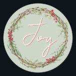 Adesivo Redondo Winter Greenery Berries Wreath Christmas Joy<br><div class="desc">Vedante de envelope festivo elegante e moderno ou adesivo de presente para o Natal com o texto "Joy" em caligrafia branca e vermelha e um verde-inverno na moda e uma coroa de frutas. Desenvolvido exclusivamente para você pelo Happy Dolphin Studio. Se precisar de ajuda ou produtos correspondentes, entre em contato...</div>