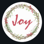 Adesivo Redondo Winter Greenery Berries Wreath Christmas Joy<br><div class="desc">Vedante de envelope festivo elegante e moderno ou adesivo de presente para o Natal com o texto "Joy" na caligrafia vermelha e um toque de na moda do verde de inverno e da coroa de frutas. Desenvolvido exclusivamente para você pelo Happy Dolphin Studio. Se precisar de ajuda ou produtos correspondentes,...</div>