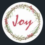 Adesivo Redondo Winter Greenery Berries Wreath Christmas Joy<br><div class="desc">Vedante de envelope festivo elegante e moderno ou adesivo de presente para o Natal com o texto "Joy" na caligrafia vermelha e um toque de na moda do verde de inverno e da coroa de frutas. Desenvolvido exclusivamente para você pelo Happy Dolphin Studio. Se precisar de ajuda ou produtos correspondentes,...</div>