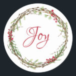 Adesivo Redondo Winter Greenery Berries Wreath Christmas Joy<br><div class="desc">Vedante de envelope festivo elegante e moderno ou adesivo de presente para o Natal com o texto "Joy" na caligrafia vermelha e um verde-inverno na moda e uma coroa de frutas. Desenvolvido exclusivamente para você pelo Happy Dolphin Studio. Se precisar de ajuda ou produtos correspondentes, entre em contato conosco em...</div>