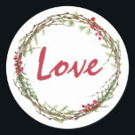 Adesivo Redondo Winter Greenery Berries Wreath Christmas Love<br><div class="desc">Vestido elegante e moderno e festivo, selante de presente para o Natal, com o texto "Amor" na caligrafia vermelha e um toque de na moda do verde de inverno e da coroa de frutas. Desenvolvido exclusivamente para você pelo Happy Dolphin Studio. Se precisar de ajuda ou produtos correspondentes, entre em...</div>