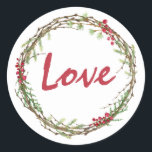 Adesivo Redondo Winter Greenery Berries Wreath Christmas Love<br><div class="desc">Vestido elegante e moderno e festivo, selante de presente para o Natal, com o texto "Amor" na caligrafia vermelha e um toque de na moda do verde de inverno e da coroa de frutas. Desenvolvido exclusivamente para você pelo Happy Dolphin Studio. Se precisar de ajuda ou produtos correspondentes, entre em...</div>
