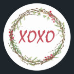 Adesivo Redondo Winter Greenery Berries Wreath Christmas XOXO<br><div class="desc">Vedante de envelope festivo elegante e moderno ou adesivo de presente para o Natal com o texto 'XOXO' na caligrafia vermelha em fundo branco e um toque de na moda de verde e de bagas de inverno. Desenvolvido exclusivamente para você pelo Happy Dolphin Studio. Se precisar de ajuda ou produtos...</div>