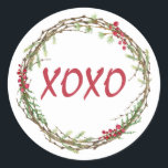 Adesivo Redondo Winter Greenery Berries Wreath Christmas XOXO<br><div class="desc">Vedante de envelope festivo elegante e moderno ou adesivo de presente para o Natal com o texto 'XOXO' na caligrafia vermelha em fundo branco e um toque de na moda de verde e de bagas de inverno. Desenvolvido exclusivamente para você pelo Happy Dolphin Studio. Se precisar de ajuda ou produtos...</div>