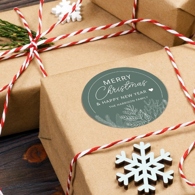 Adesivo Redondo Winter Greenery Felry Christmas Personalizado (Winter Greenery Merry Christmas Personalized Classic Round Sticker)