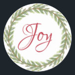 Adesivo Redondo Winter Greenery Wreath Christmas Joy<br><div class="desc">Vedante de envelope festivo elegante e moderno ou adesivo de presente para o Natal com o texto "Joy" na caligrafia vermelha e uma coroa verde na moda de inverno sobre fundo branco. Desenvolvido exclusivamente para você pelo Happy Dolphin Studio. Se precisar de ajuda ou produtos correspondentes, entre em contato conosco...</div>