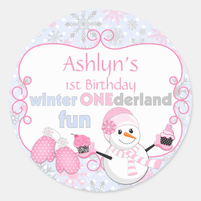 Adesivo Redondo Winter One derland First Birthday Snowman Mittens (Frente)