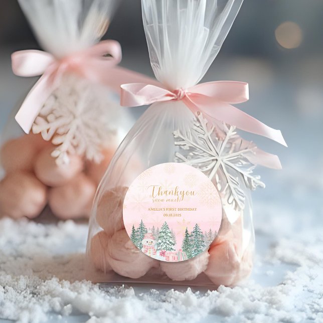 Adesivo Redondo Winter ONE derland Snowman Girl Birthday Pink (Criador carregado)