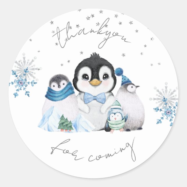 Adesivo Redondo Winter Onederland Penguin Thankyou Sticker (Frente)