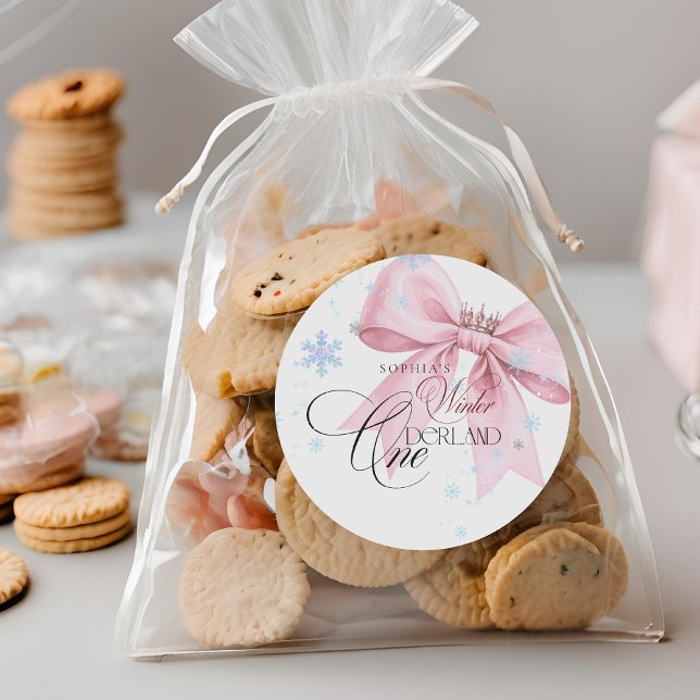 Adesivo Redondo Winter ONEderland Pink Bow 1st Birthday Party (Criador carregado)