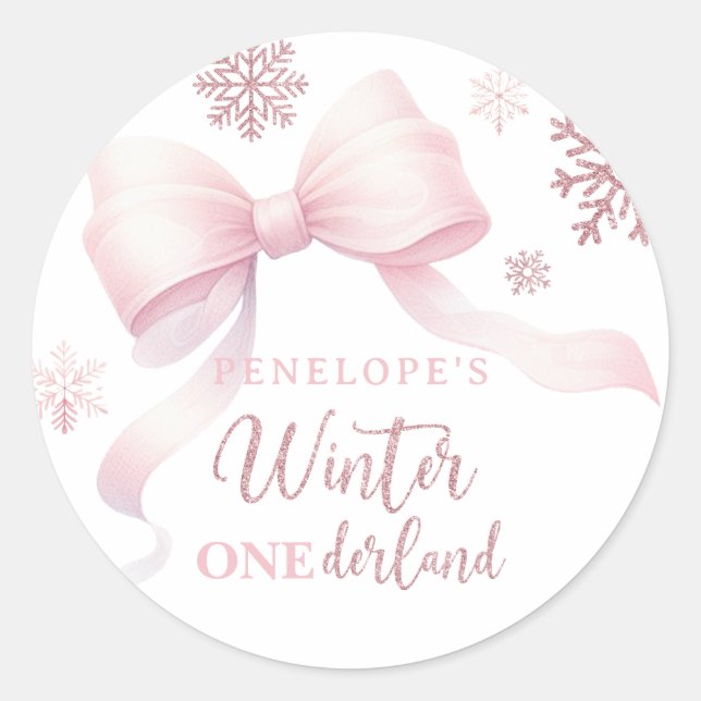 Adesivo Redondo Winter Onederland Pink Bow Girl 1st Birthday (Frente)