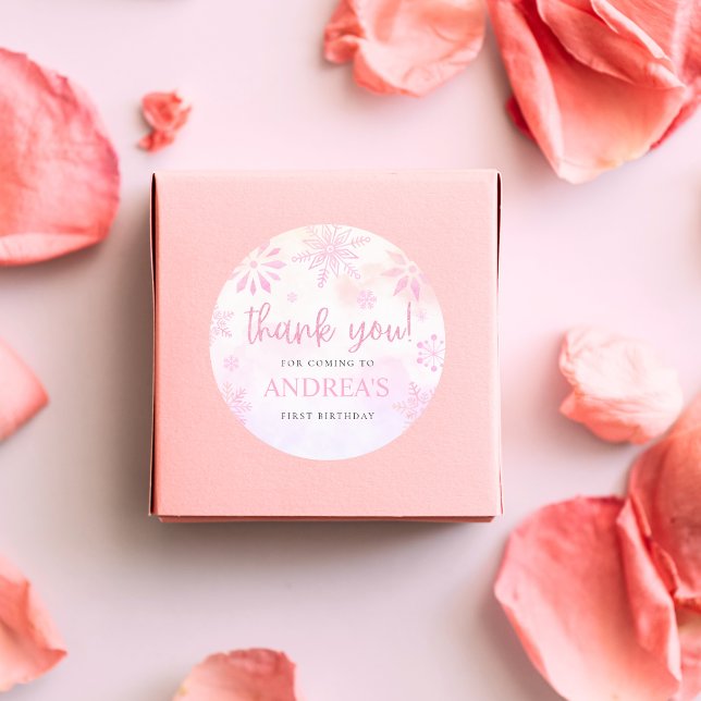 Adesivo Redondo Winter ONEderland Pink Glitter Snowflake 1rua Bday (Criador carregado)