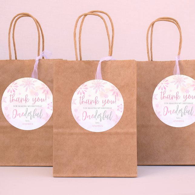 Adesivo Redondo Winter ONEderland Pink Snowflake Obrigado Aniversá (Criador carregado)