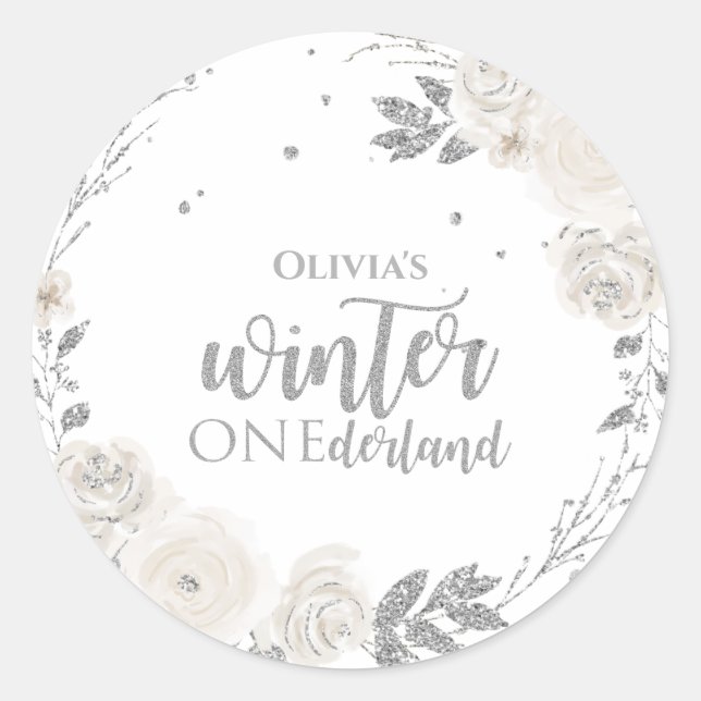 Adesivo Redondo Winter Onederland Silver Glitter Floral (Frente)