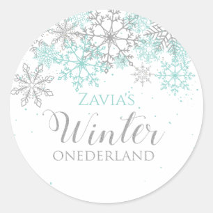 Adesivo Redondo Winter Onederland Teal Silver Primeiro Aniversári