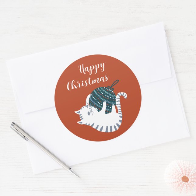 Adesivo Redondo Winter Party Christmas Toy Cat Gift  (Envelope)