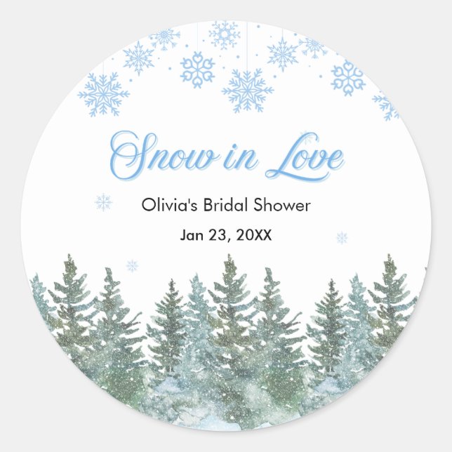 Adesivo Redondo Winter Pine Snow in Love Snowflakes Bridal Shower (Frente)