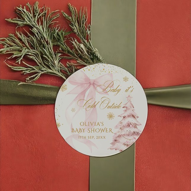 Adesivo Redondo Winter Pink Bow It's Cold Outside Baby Shower (Criador carregado)