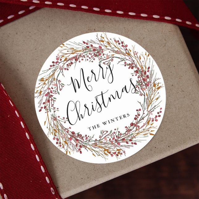 Adesivo Redondo Winter Red Berry Wreath Feliz Natal (Criador carregado)