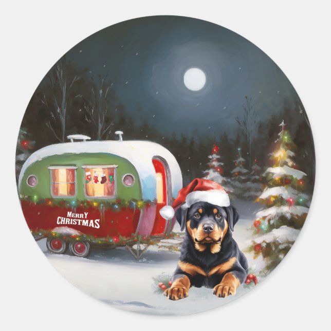 Adesivo Redondo Winter Rottweiler Caravan Christmas Adventure (Frente)