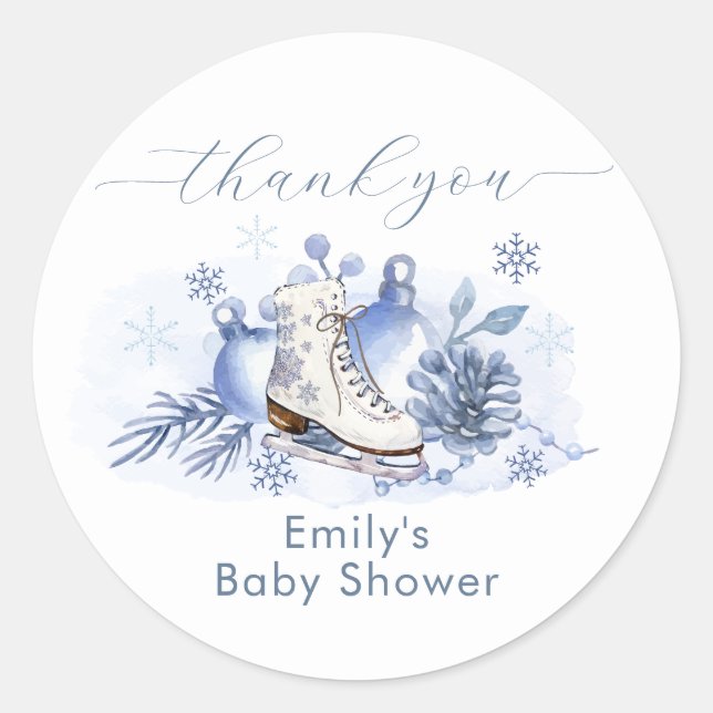 Adesivo Redondo Winter Snowflake Ice Skate Baby Shower (Frente)