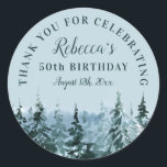 Adesivo Redondo Winter Watercolor 50th Birthday - Aniversário - Ob<br><div class="desc">Árvores de Pinheiros de Pinheiros de Natal Azul e Verde 50ª Etiquetas de Festa de aniversário - Adicione seu nome, aniversário sendo celebrado, e data da festa de aniversário. Uma elegante design de festa de aniversário de com tema de inverno que emparelha uma fonte decorativa em negrito com caligrafia manuscrita...</div>