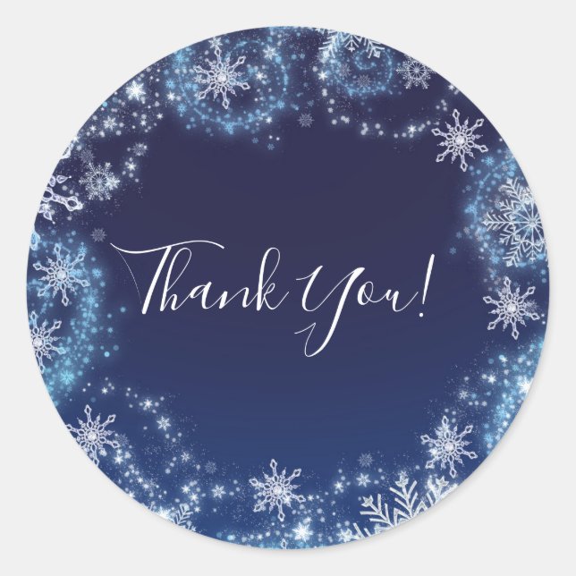 Adesivo Redondo Winter Wonderland Azul e Branco Favor de Flocos de (Frente)