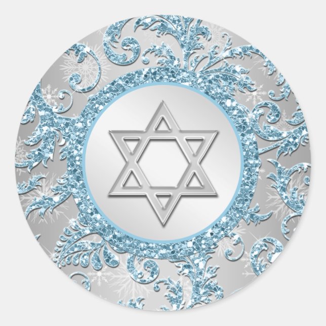 Adesivo Redondo Winter Wonderland Damask Bat Mitzvah Sticker 10 (Frente)