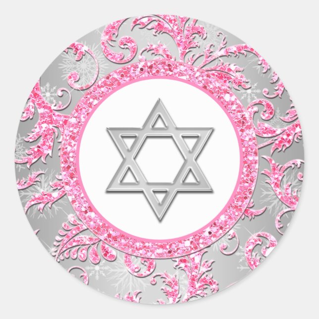 Adesivo Redondo Winter Wonderland Damask Bat Mitzvah Sticker 2 (Frente)