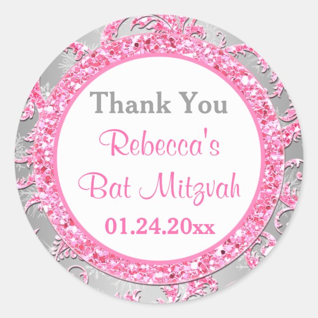 Adesivo Redondo Winter Wonderland Damask Bat Mitzvah Sticker 3 (Frente)