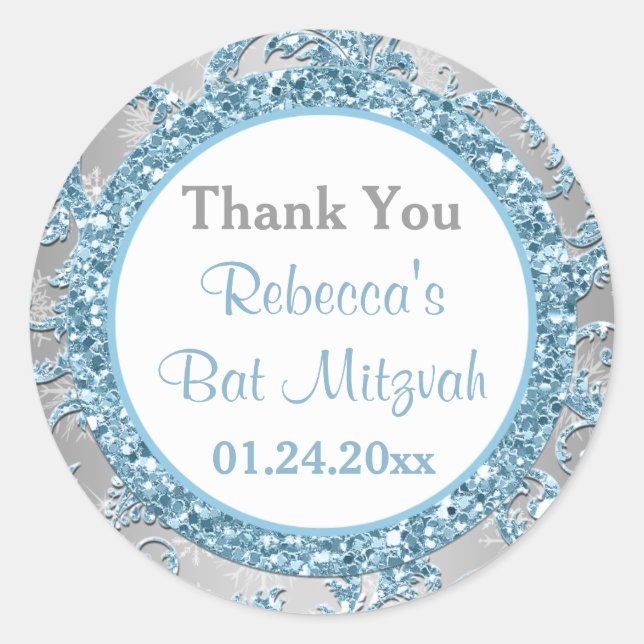 Adesivo Redondo Winter Wonderland Damask Bat Mitzvah Sticker 7 (Frente)