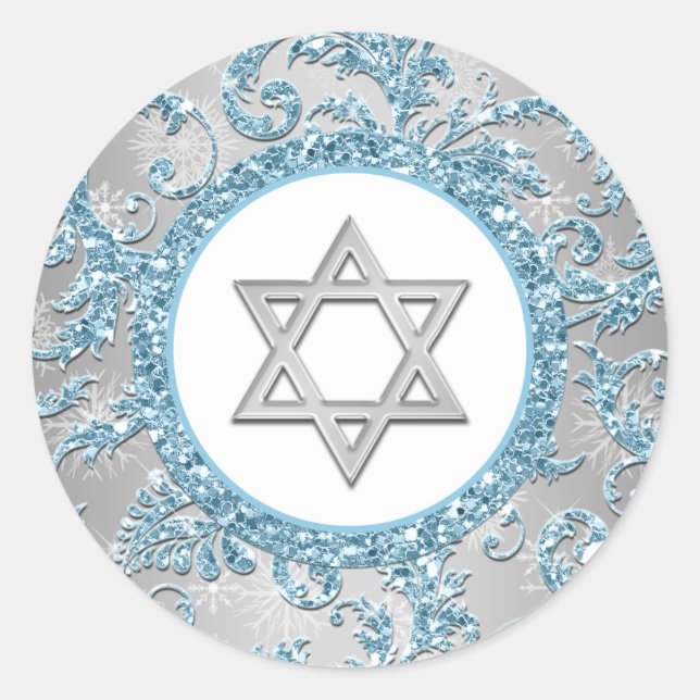 Adesivo Redondo Winter Wonderland Damask Bat Mitzvah Sticker 9 (Frente)