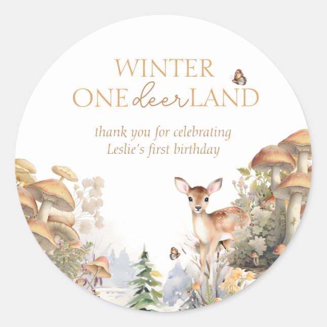 Adesivo Redondo Winter Wonderland Deer First Birday (Frente)