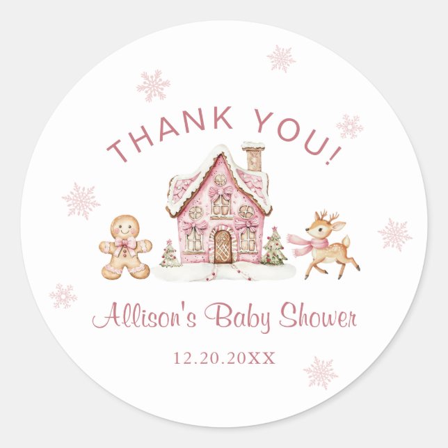 Adesivo Redondo Winter Wonderland Pink Baby Shower Thank You (Frente)
