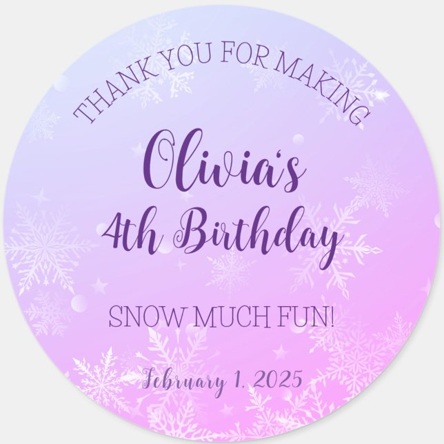 Adesivo Redondo Winter Wonderland Snowflake Obrigado Aniversário (Winter Wonderland Snowflake Birthday Thank You Sticker Labels)