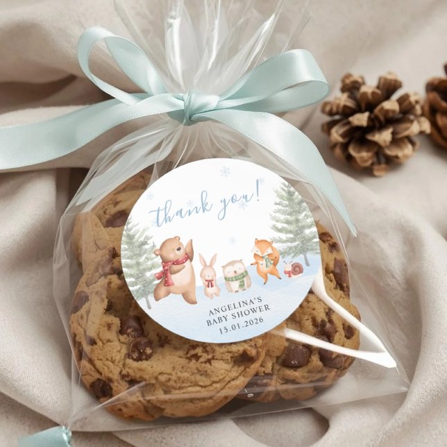 Adesivo Redondo Winter Woodland Animals Baby Shower Thank You (Criador carregado)