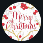 Adesivo Redondo Winterberry Merry Christmas<br><div class="desc">Elegante adesivo ilustrado de winterberry vermelha em galhos de árvores de neve para seus cartões de natal, presentes e muito mais. Consulte a coordenação de papéis de embrulho, bolsas, decoração doméstica e itens de presentes com este design no compro.</div>