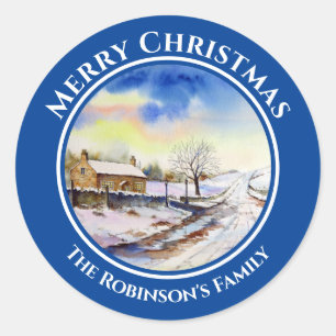 Adesivo Redondo Wintery Lane Watercolor Painting Circular