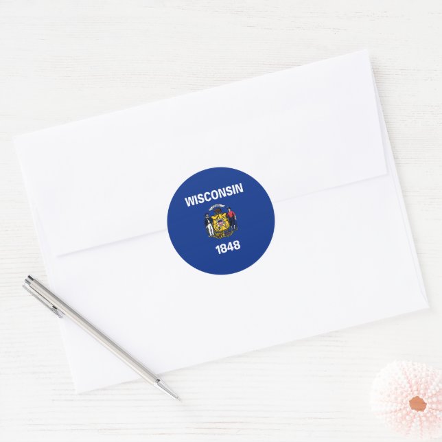 Adesivo Redondo Wisconsin State Flag USA (Envelope)