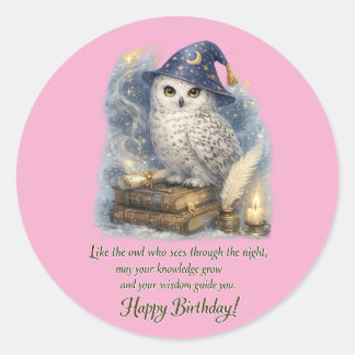 Adesivo Redondo Wisdom & Knowledge Snow Owl Happy Birthday
