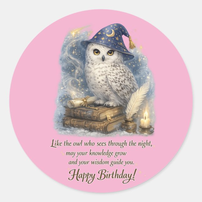 Adesivo Redondo Wisdom & Knowledge Snow Owl Happy Birthday (Frente)