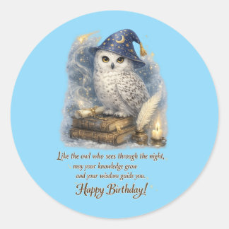 Adesivo Redondo Wisdom & Knowledge Snow Owl Happy Birthday Card
