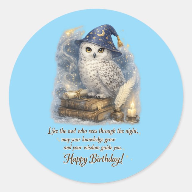 Adesivo Redondo Wisdom & Knowledge Snow Owl Happy Birthday Card (Frente)